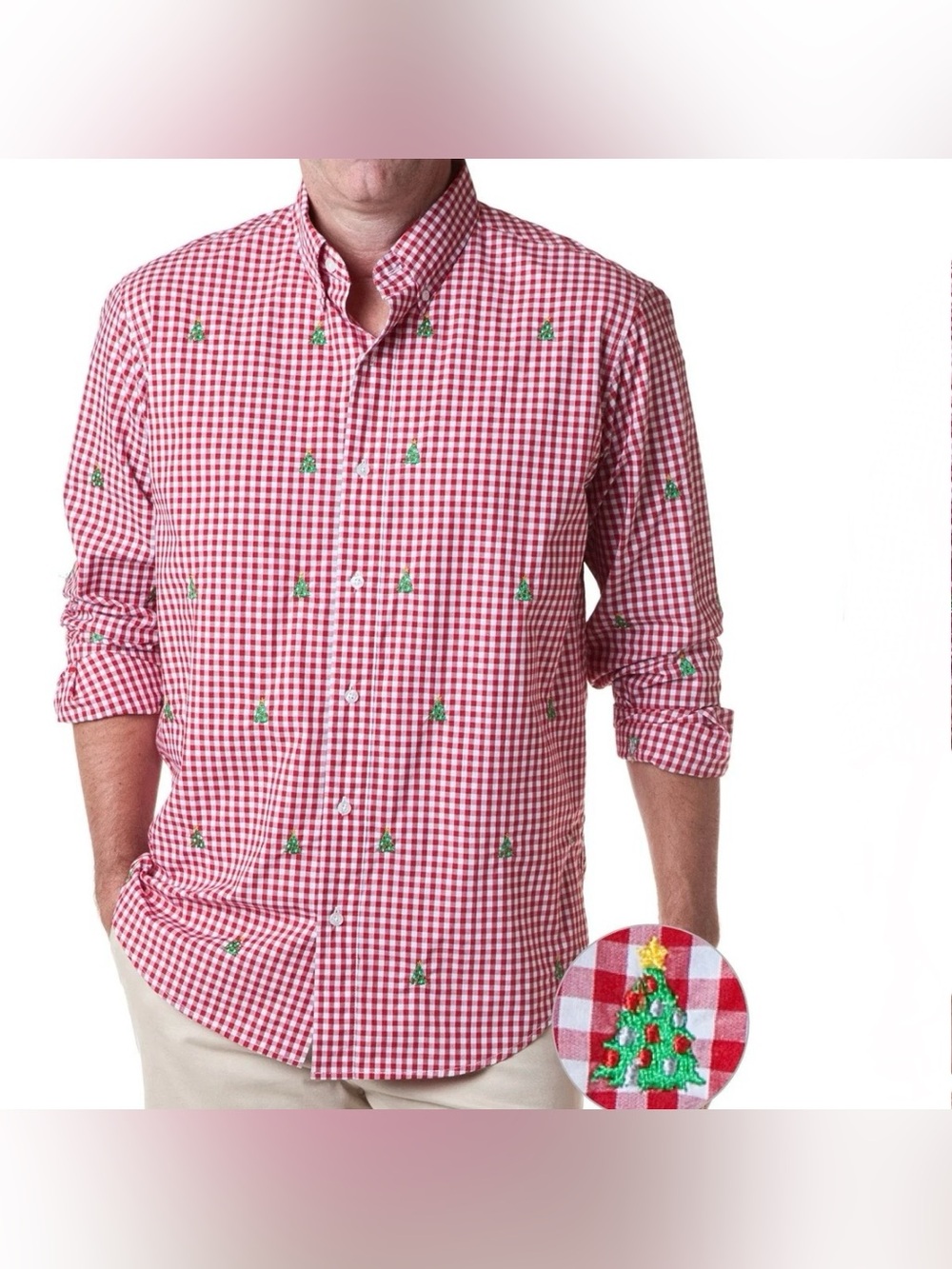 Castaway Nantucket Island straight wharf shirt red gingham Christmas tree XL
